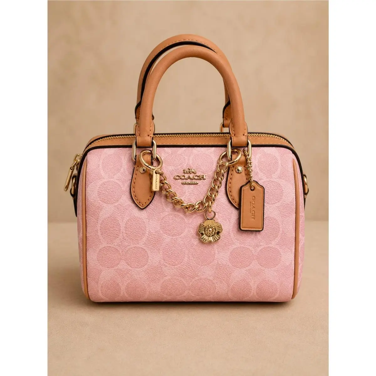 Coach Mini Rowan Crossbody Bag In Signature with Charms in Powder Pink CEK79