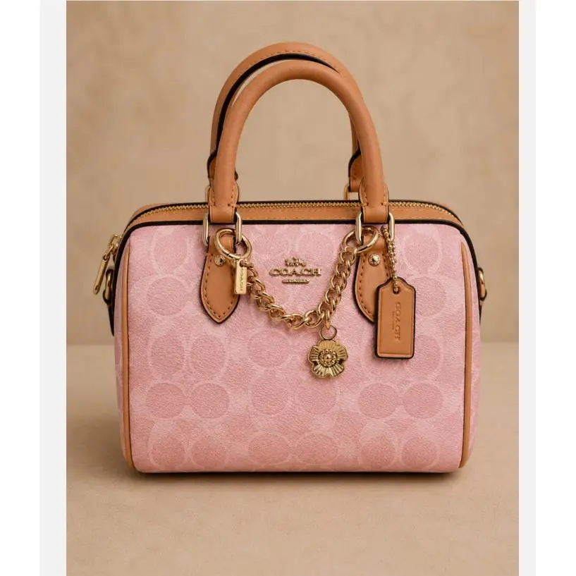 Coach Mini Rowan Crossbody Bag In Signature with Charms in Powder Pink CEK79