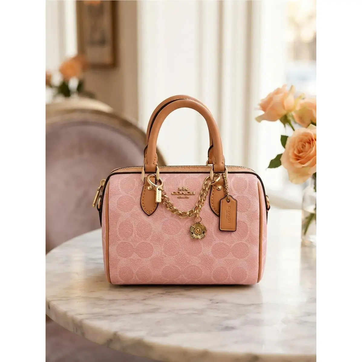Mini Rowan Crossbody Bag In Signature with Charms in Powder Pink CEK79 by Coach