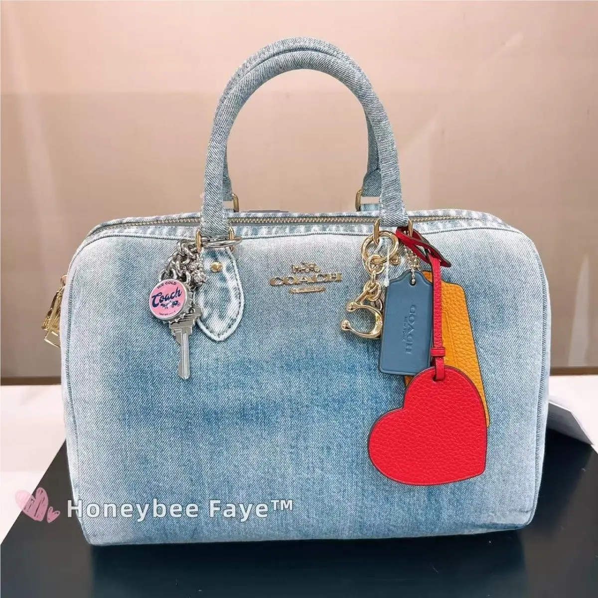 Coach CDY75 Rowan Large Satchel Bag In Loved Denim with Charms Light Indigo