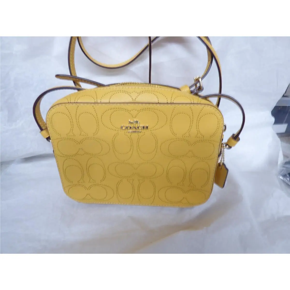 Coach Perforated Signature Leather Mini Camera Crossbody Bag 2403 Honey Yellow