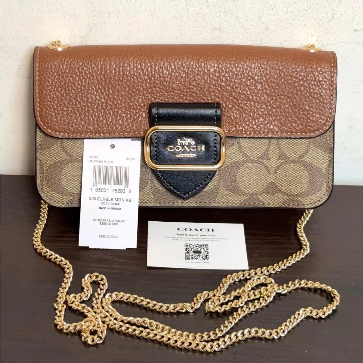 Morgan Chain Crossbody Khaki Signature Canvas Brown Leather CF475 by Coach
