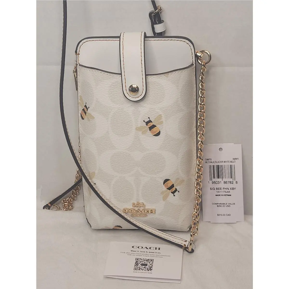 Coach C8672 Glacier White Signature Canvas Bee Print Phone Crossbody