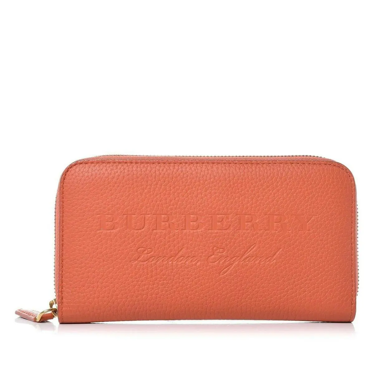 Burberry London Zip Around Logo Orange Pebbled Leather Clutch Wallet