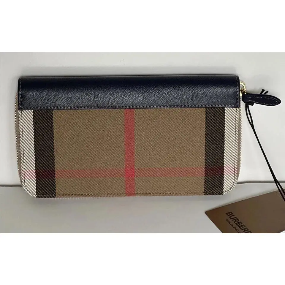 Burberry Blue Leather Trim Icon Check Canvas Zip Around Continental Wallet