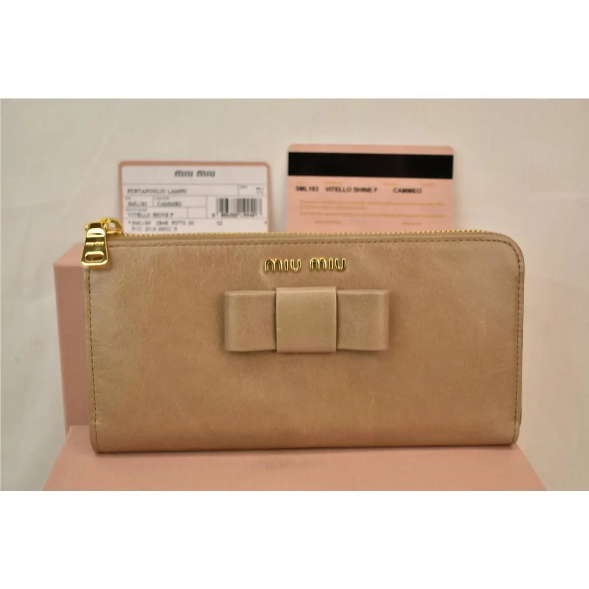 Miu Miu Prada Beige Distressed Leather Bow Zip Logo Continental Wallet