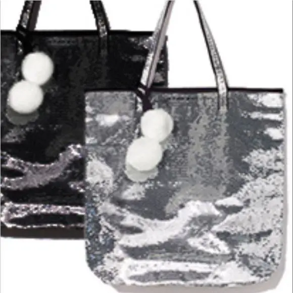 Sexy Victorias Secret Silver Pom Pom Sequins Bling Tote Bag Purse Shopper