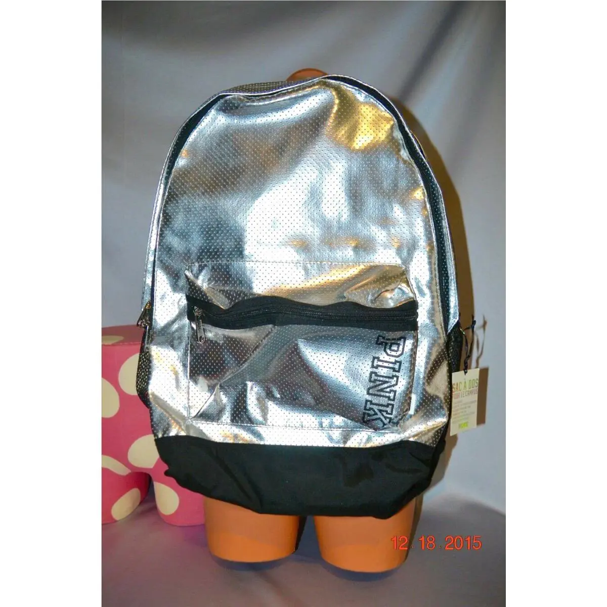 Victorias Secret Pink Graphic Logo Silver Foil Bling Campus Backpack Bag