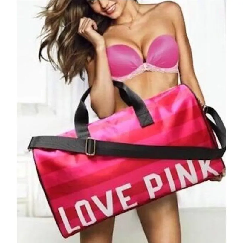 Victorias Secret Pink Graphic Satin Waterproof Stripe Duffel Gym Bag Tote