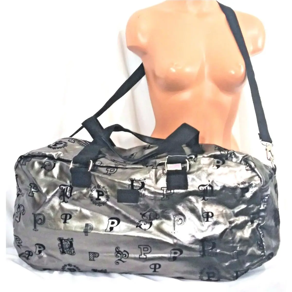 Victorias Secret Pink Graphic Gunmetal Large Gym Duffle Bag Carry On Tote