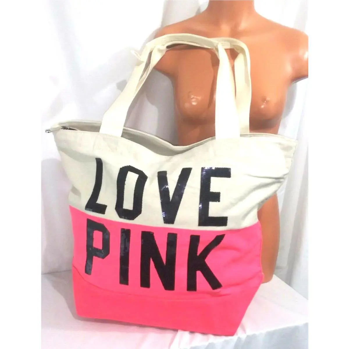 Victorias Secret Pink Sequins Bling Graphic Lg Canvas Bag Duffel Tote Bag