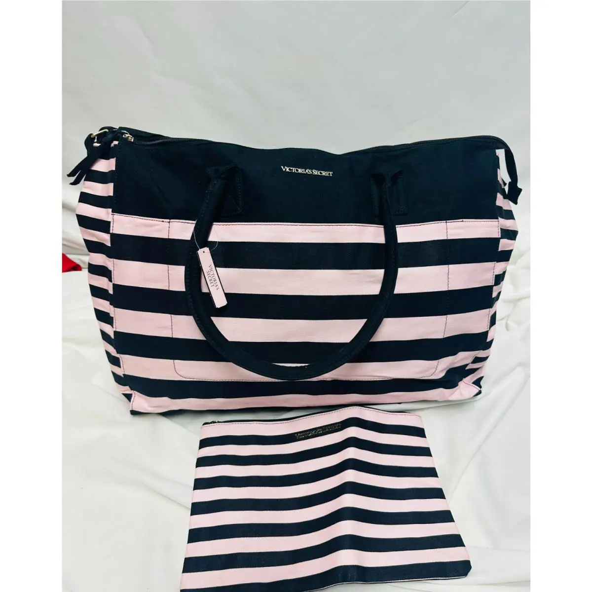 Victoria Secret Pink Duffle Bag/ Travel Tote Case Pink/black Stripe