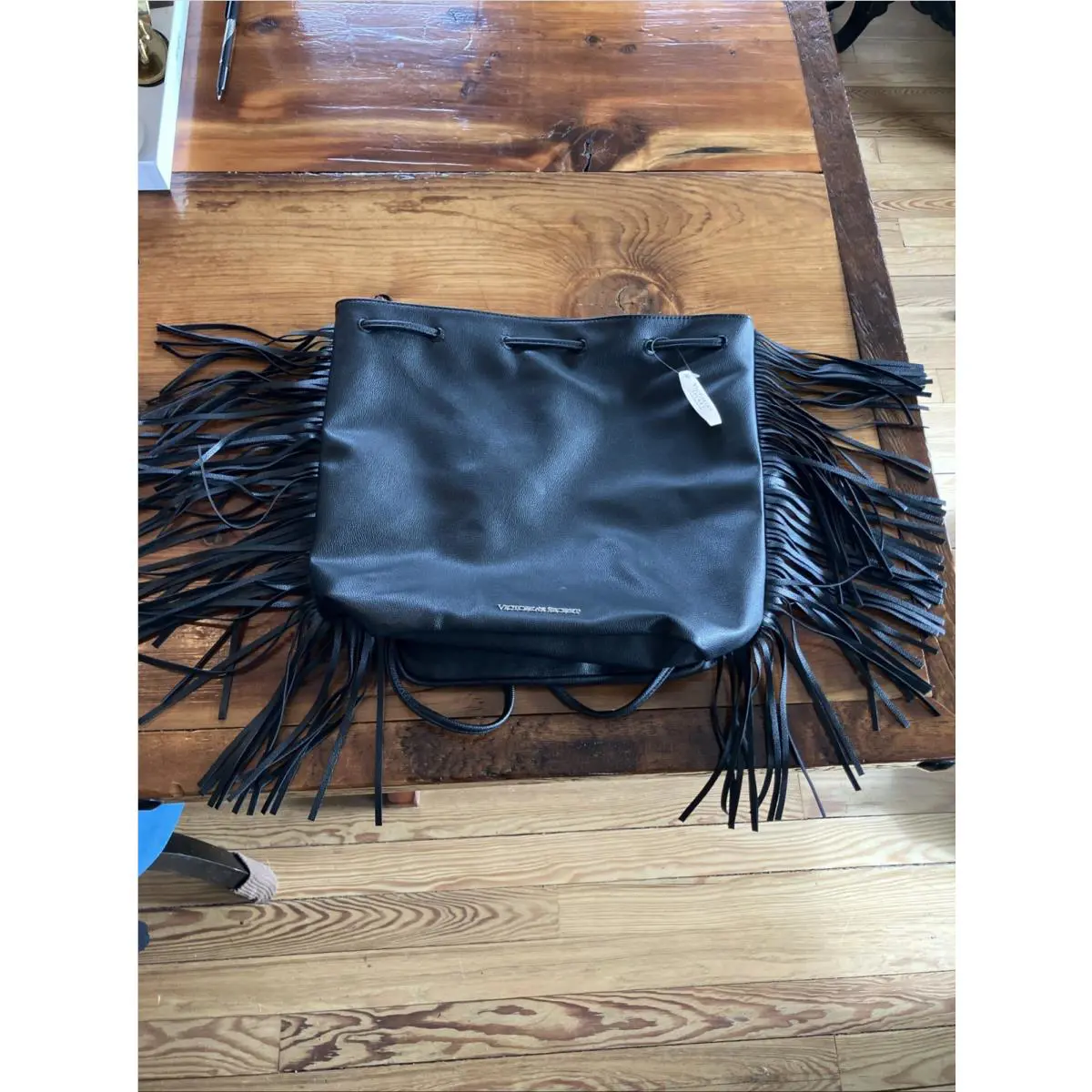 Victoria`s Secret Black Leather Drawstring Fringe Sack Bag Backpack