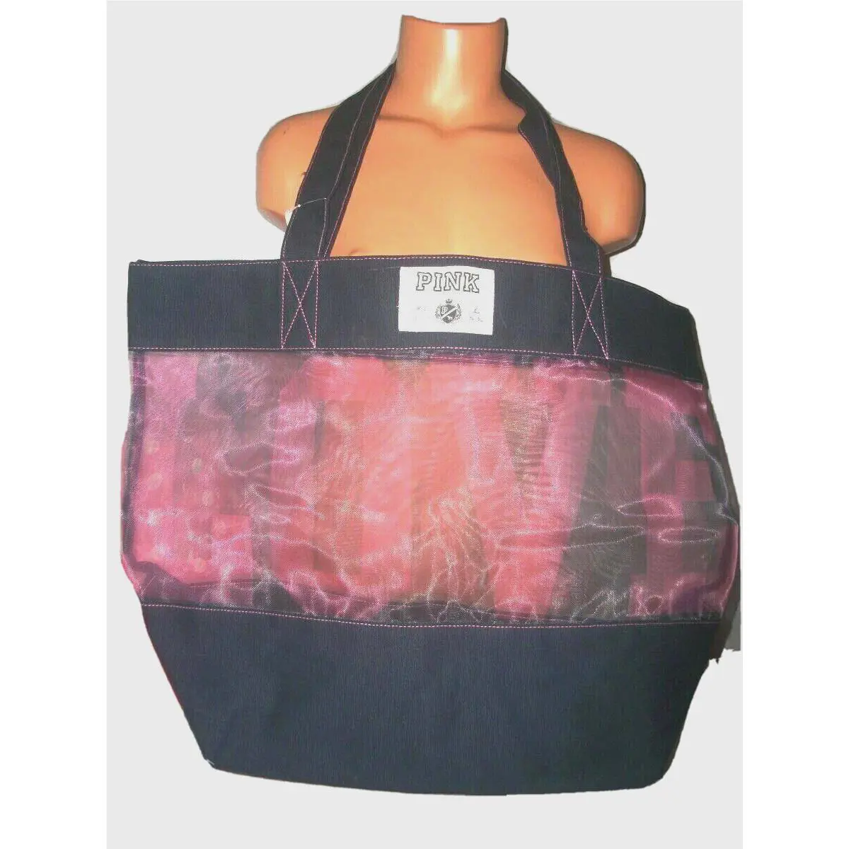 Victorias Secret Pink Logo Canvas Mesh Pink Shopper Tote Beach Bag