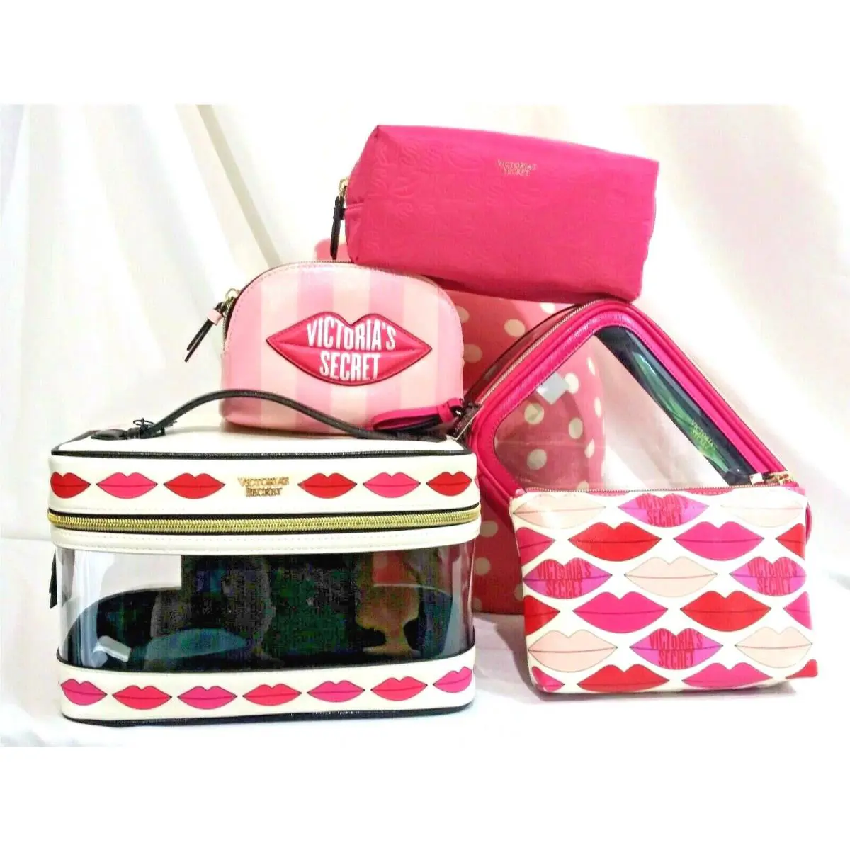 Victorias Secret 5 Piece Vanity Train Case Lips Cosmetic Bag Set