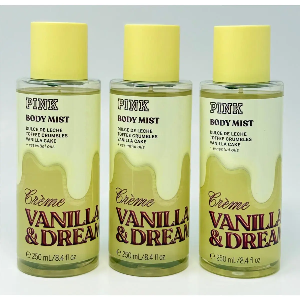3 Victoria`s Secret Pink Creme Vanilla Dream Body Mist Spray Dulce DE Leche