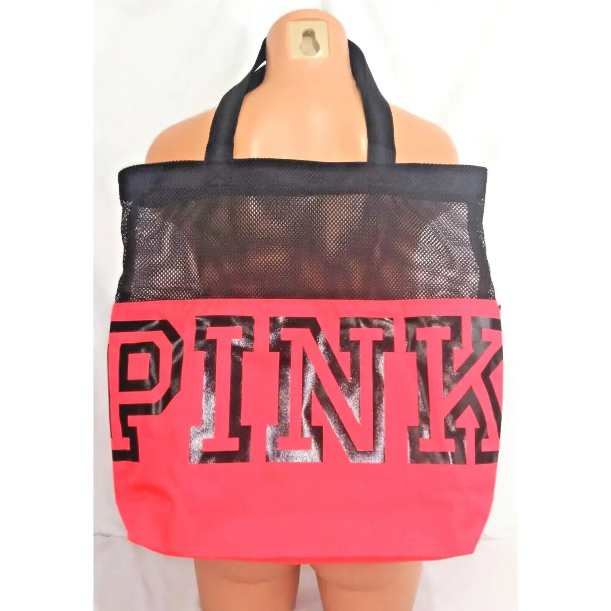 Victorias Secret Pink Graphic Neon Coral Mesh Tote Beach Bag Limited Ed