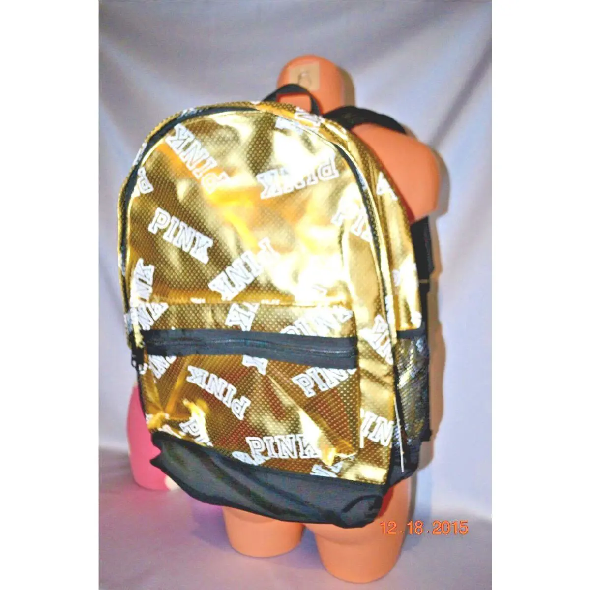 Victorias Secret Pink Graphic Logo Gold Foil Bling Campus Backpack Book Bag