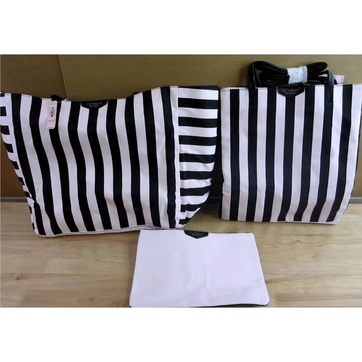 Victoria`s Secret Striped Tote Bag Cosmetic Pouch Set of 3 Black White Pink