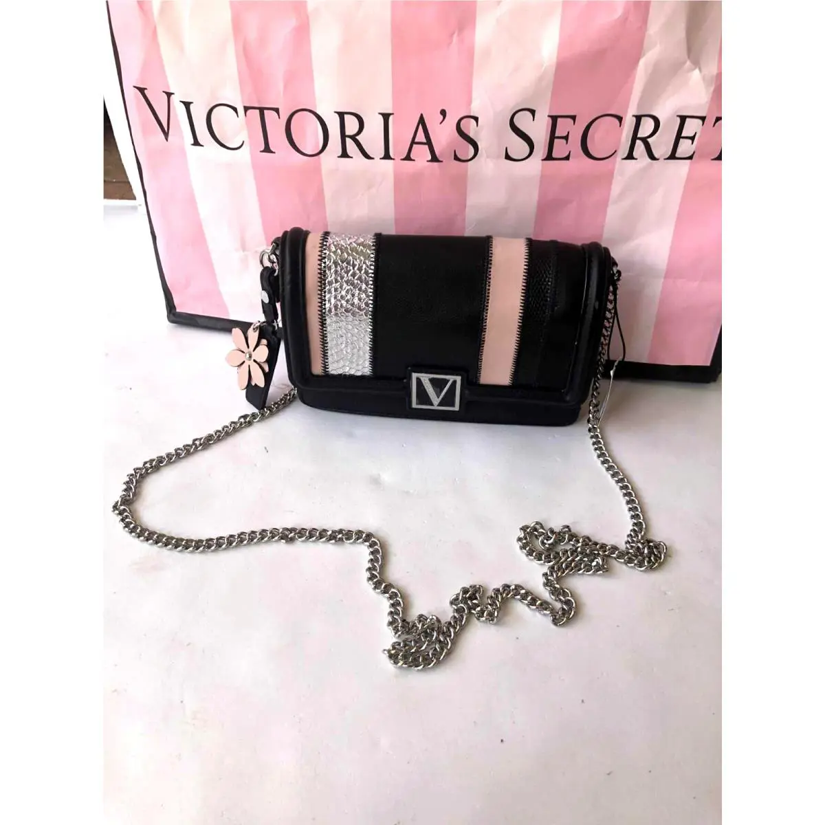 Victoria`s Secret The Victoria Mini Shoulder Bag in a Black Colorblock - Handle/Strap: Silver, Exterior: Black, Lining: Black