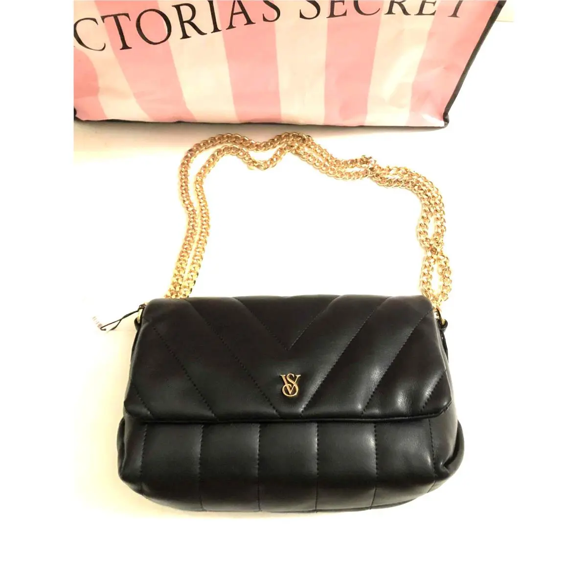 Victoria`s Secret Medium Flap Crossbody Shoulder Bag Black with Golden Cha