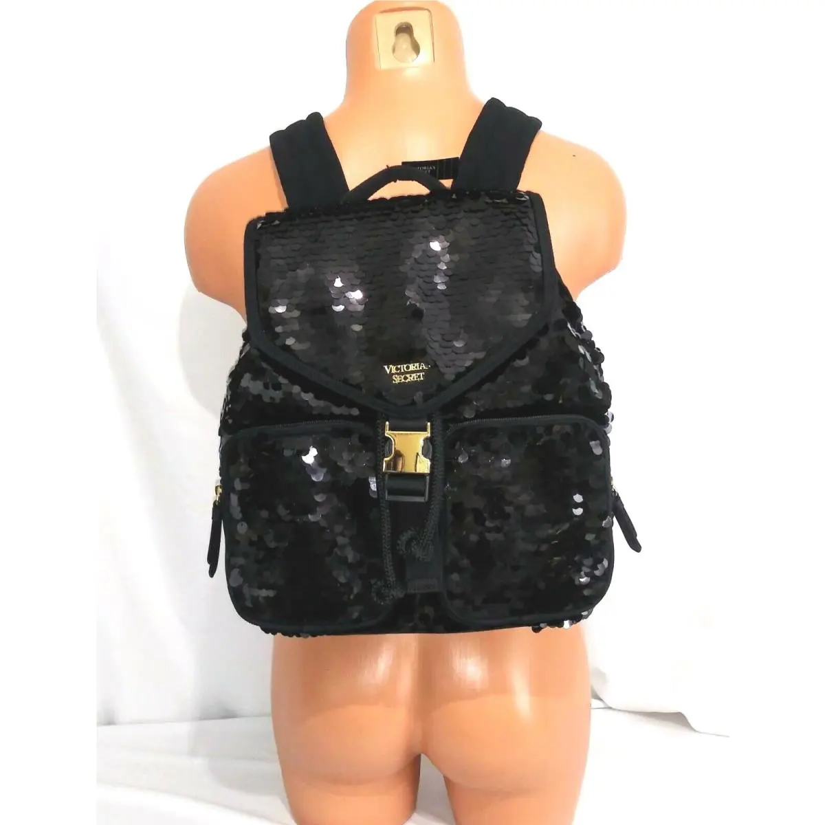 Victorias Secret Supermodel Flip Sequin City Backpack Black Tote Bag Purse