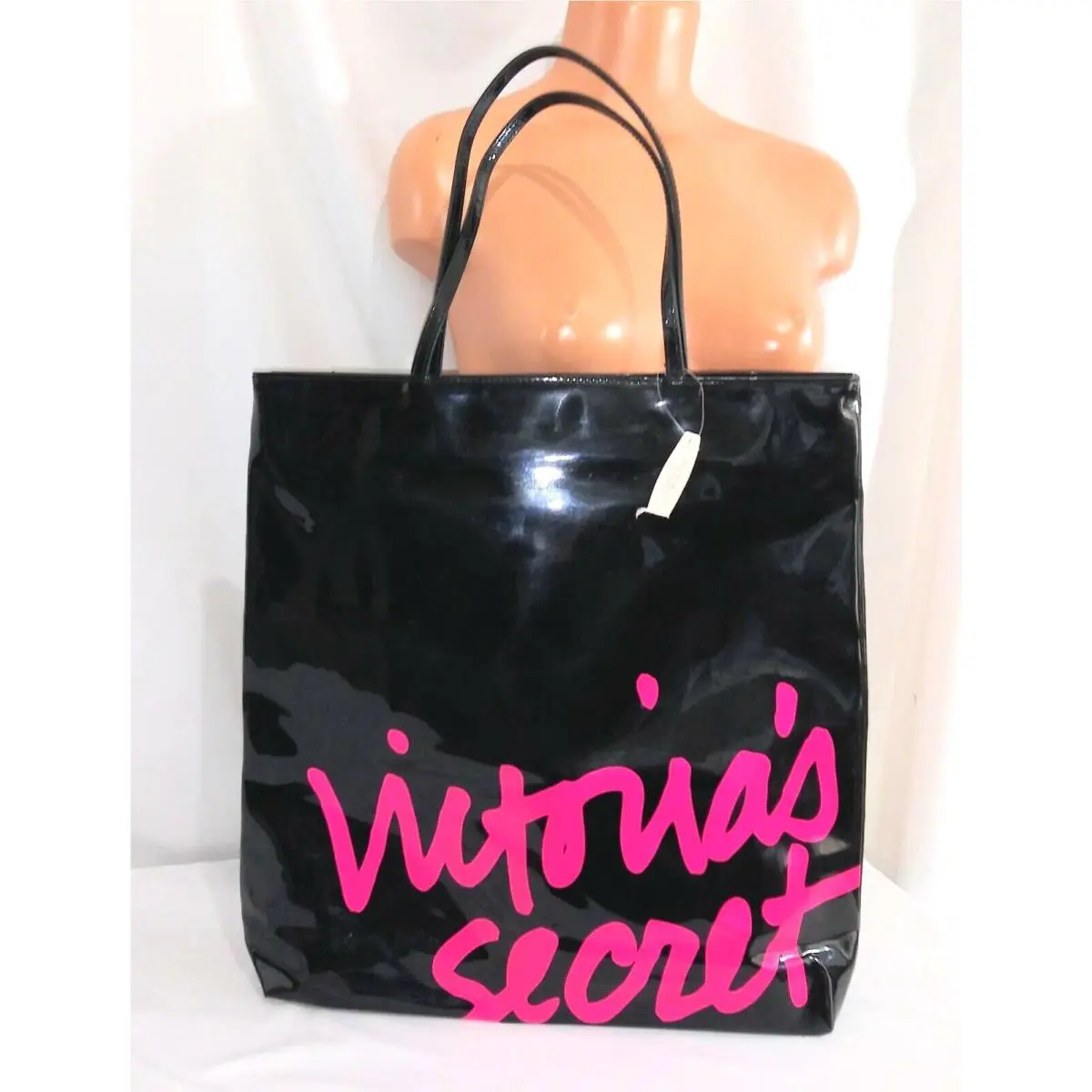 Victorias Secret Supermodel Black Neon Patent Tote Purse Weekender Bag