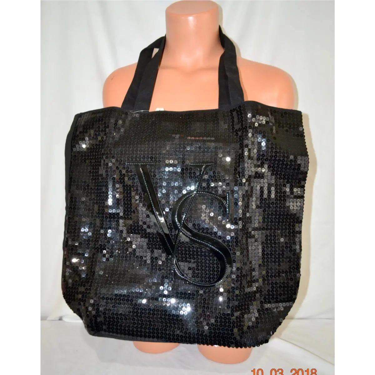 Sexy Victorias Secret Black Sequins Bling Monogram Tote Bag Purse Shopper
