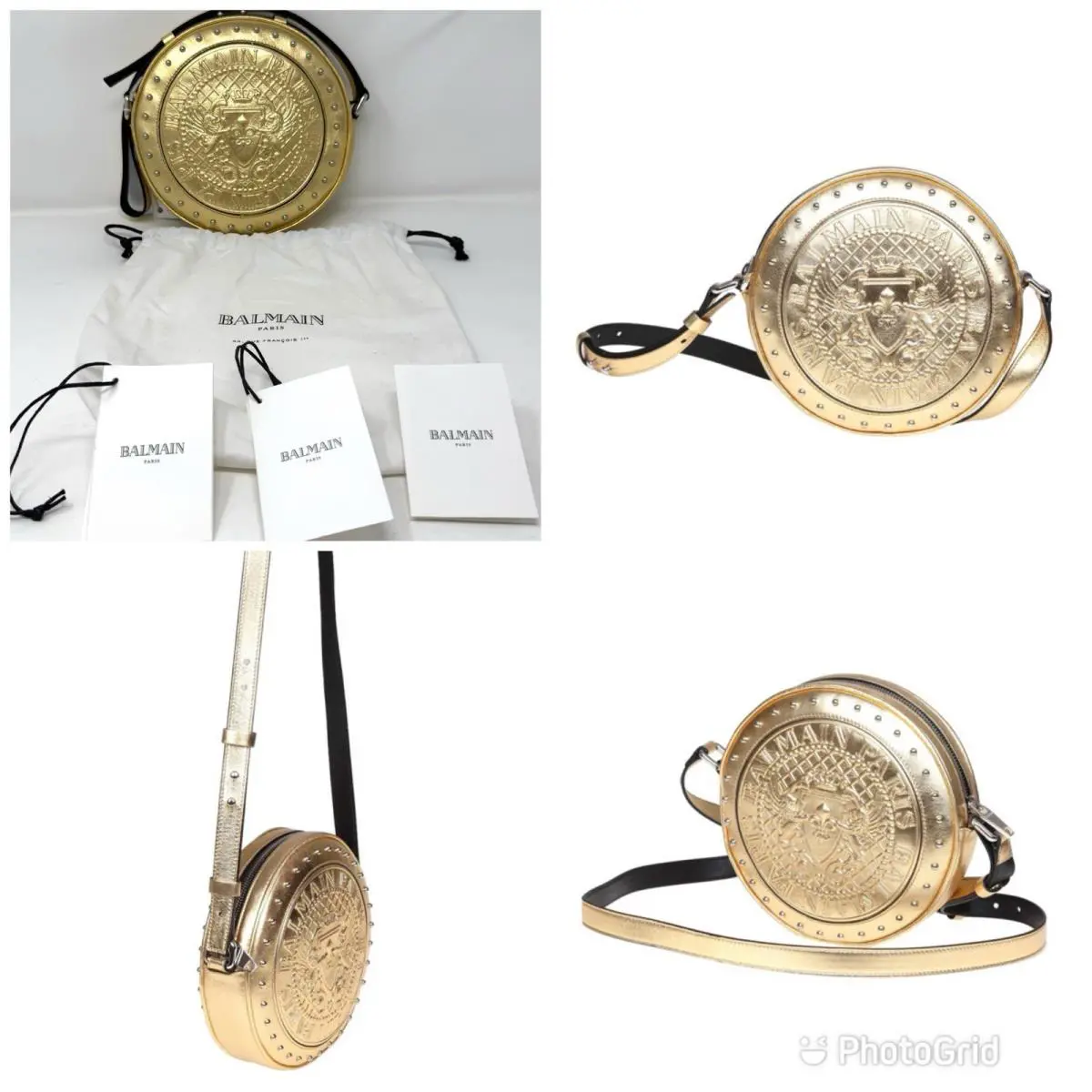 Balmain Disco Laminated Gold Leather Crossbody Bag W/ Embossed Logo Gold Studs