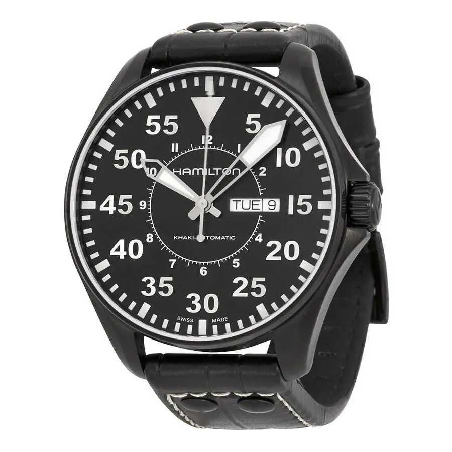 Hamilton Khaki Aviation Black Leather Band - Dial: Black, Gray, Band: Black, Brown, Bezel: Black, Silver