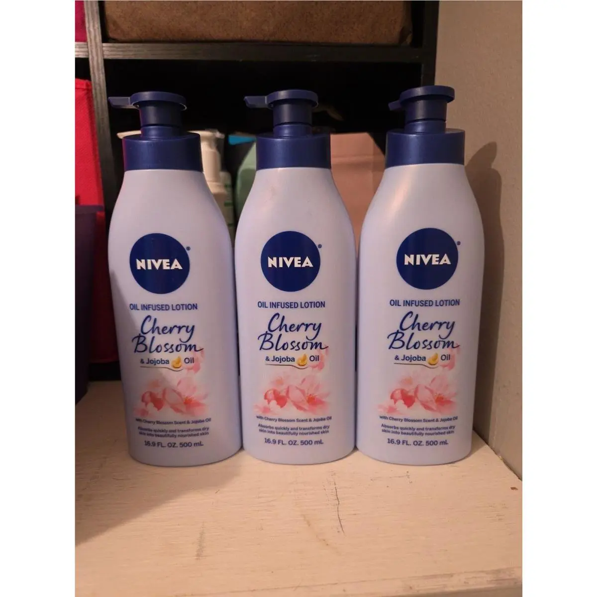 3 Bottles: Nivea Oil Infused Lotion Cherry Blossom Jojoba Oil 16.9 Oz. Ea. B12