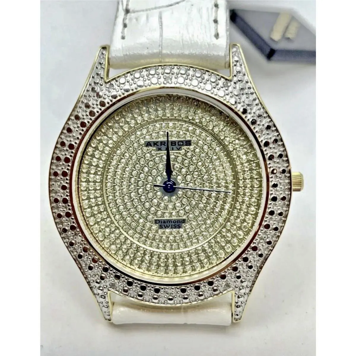 Akribos Diamond Swiss Women`s 36mm Quartz Watch Gold White Leather