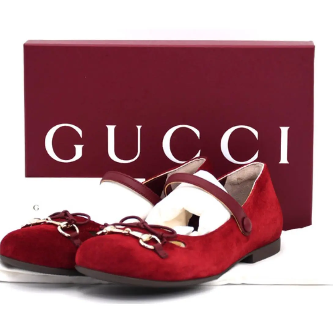 Gucci Girl’s Size 33 Red Suede Ballet Flats Shoes Mary Janes Horsebit Box