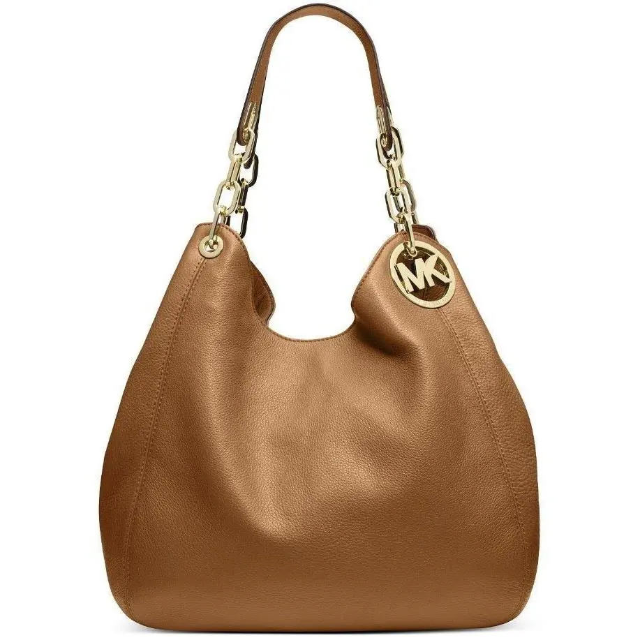 Michael Kors Fulton Acorn Brown Leather Gold Logo Chain Shoulder Bag