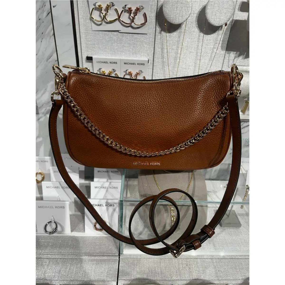 Carmela Medium Handbag Crossbody Bag Handbag Purse Shoulder Women LUGGAGE (LEATHER) by Michael Kors