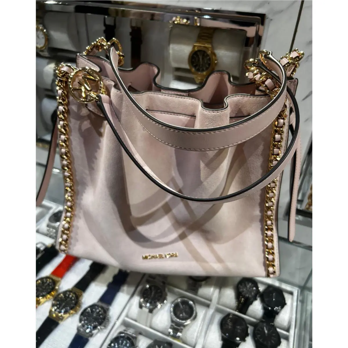 Michael Kors Mina Women Large Leather Suede Belt Chain Shoulder Bag Handbag MK