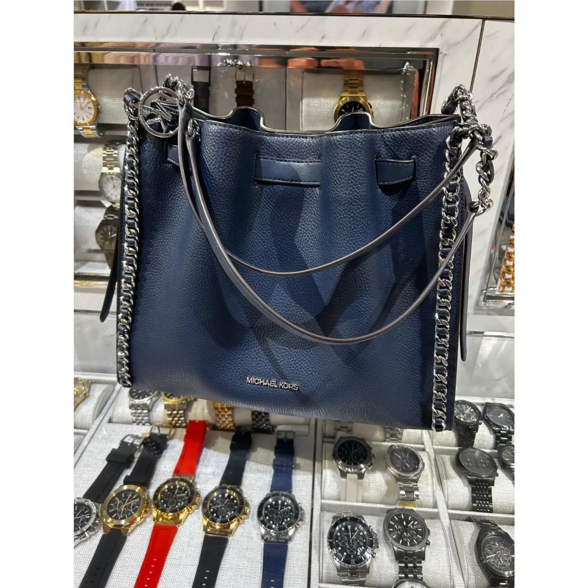 Mina Women Large Leather Suede Belt Chain Shoulder Bag Handbag MK NAVY by Michael Kors