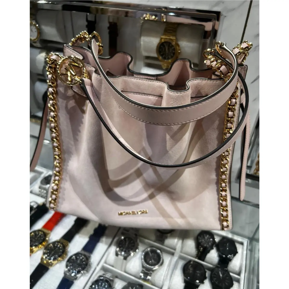 Mina Women Large Leather Suede Belt Chain Shoulder Bag Handbag MK POWDER BLUSH by Michael Kors