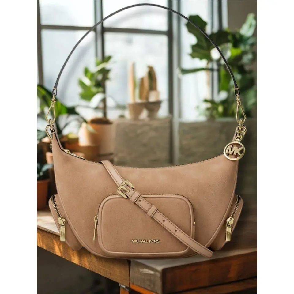 Michael Kors Merritt Medium Convertible Pocket Shoulder Bag Camel Suede