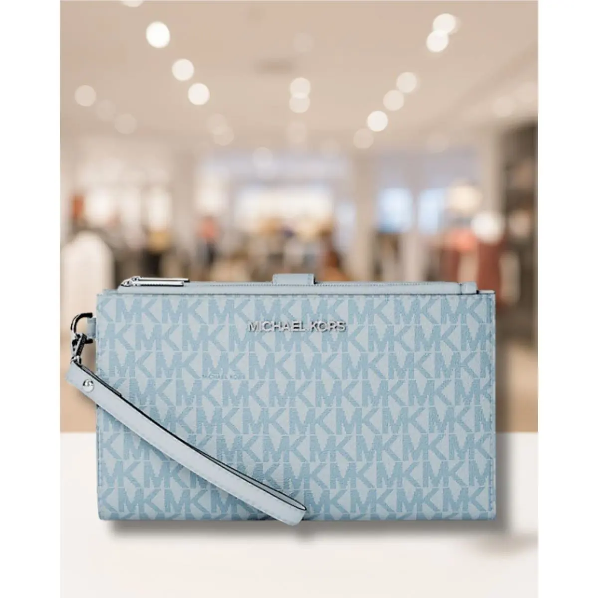 Michael Kors Jet Set Travel Women L Logo Double Zip Wristlet Wallet Pale Ocean