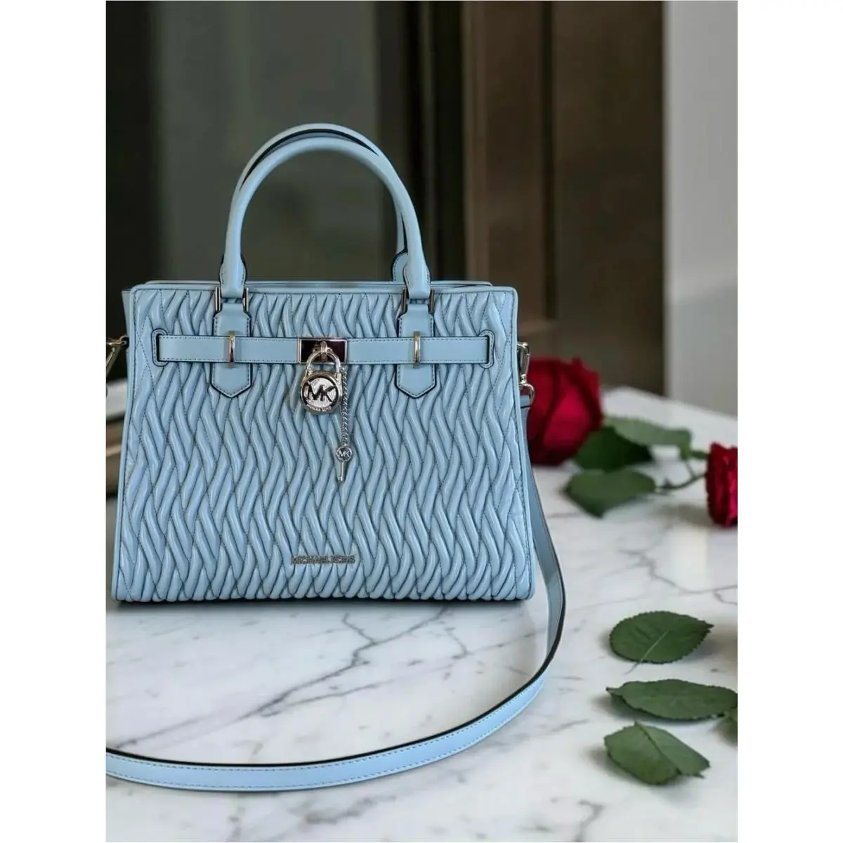 Michael Kors Hamilton Medium Matelassé Handbag Crossbody Satchel Bag Pale Ocean