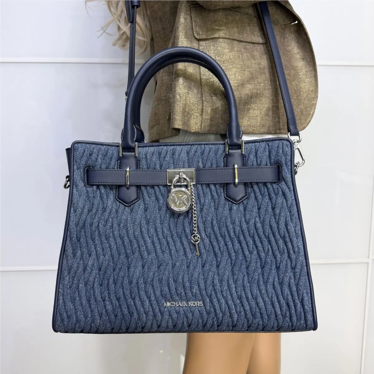 Michael Kors Set Hamilton MD Matelassé Denim Satchel Bag Denim Blue