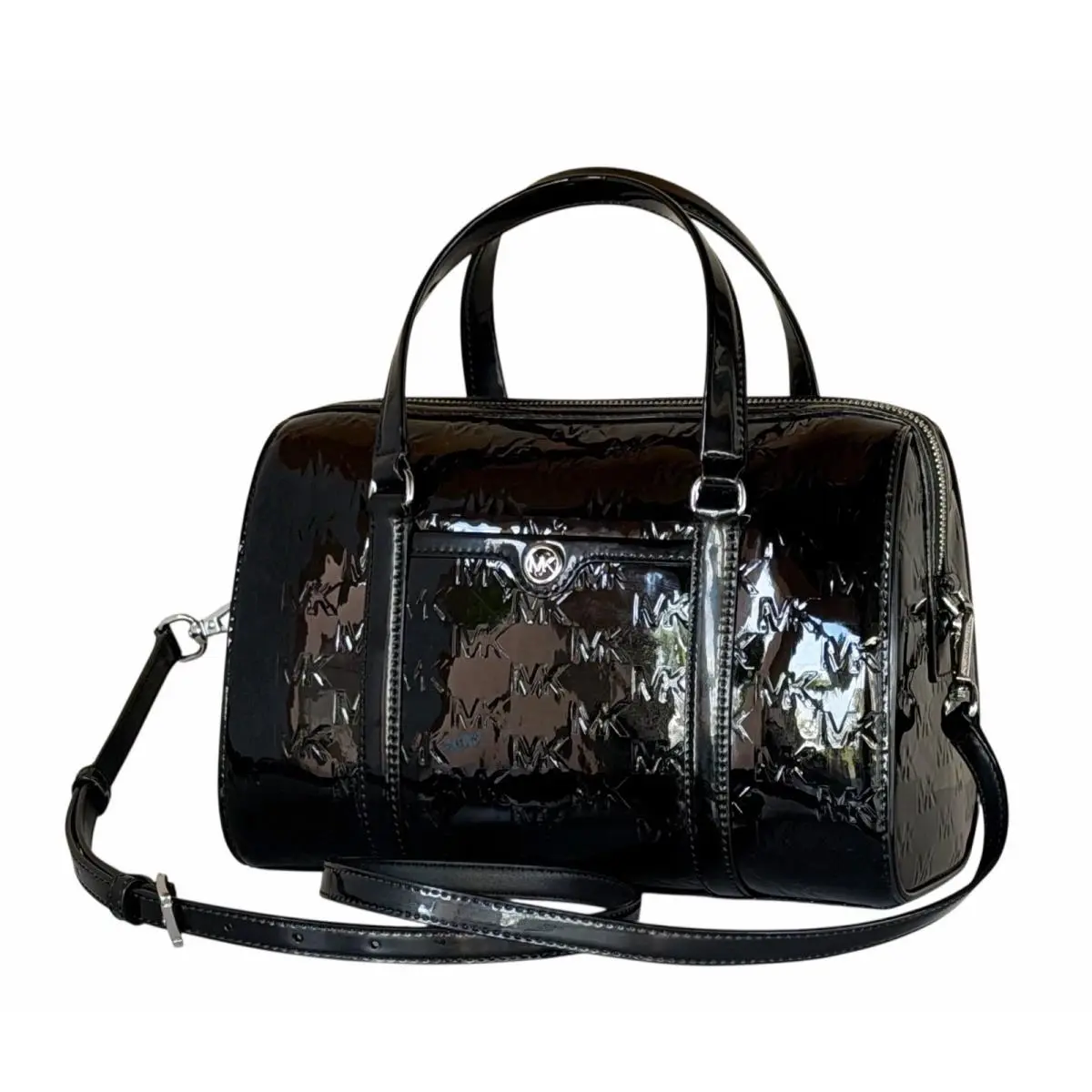 Michael Kors Travel Medium Satchel Shoulder Duffle Bag MK Mirror Metallic Black