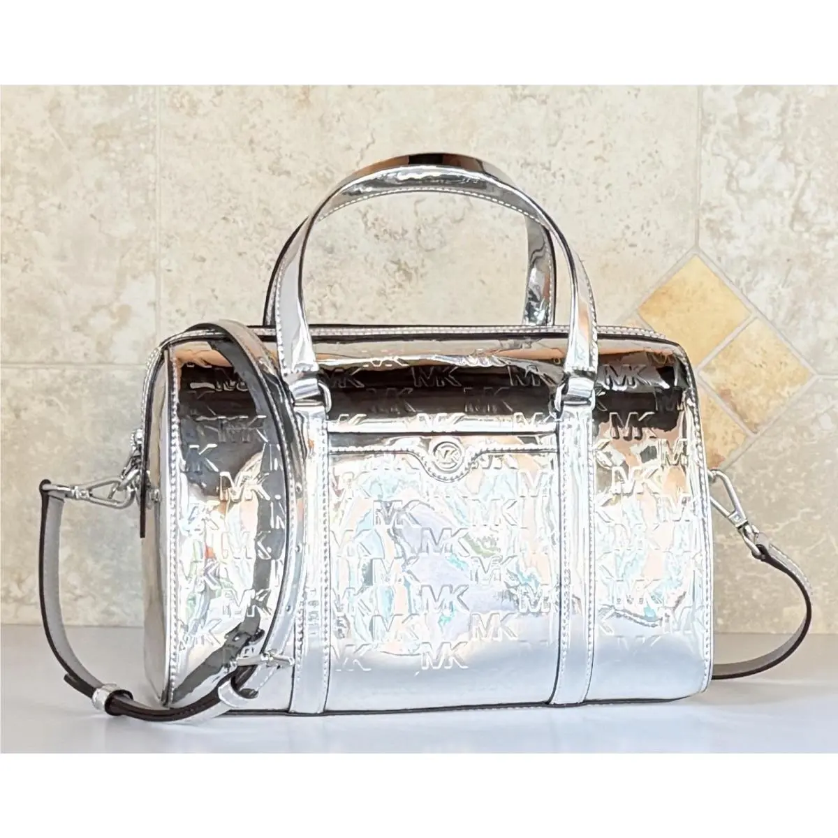 Michael Kors Travel Medium Satchel Shoulder Duffle Bag MK Mirror Metallic Black