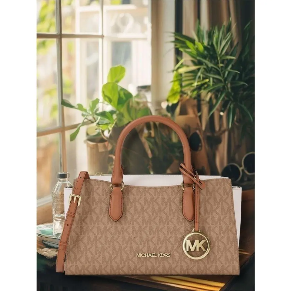 Michael Kors Arden Women Small Color-block MK Logo Top Zip Messenger Bag Camel
