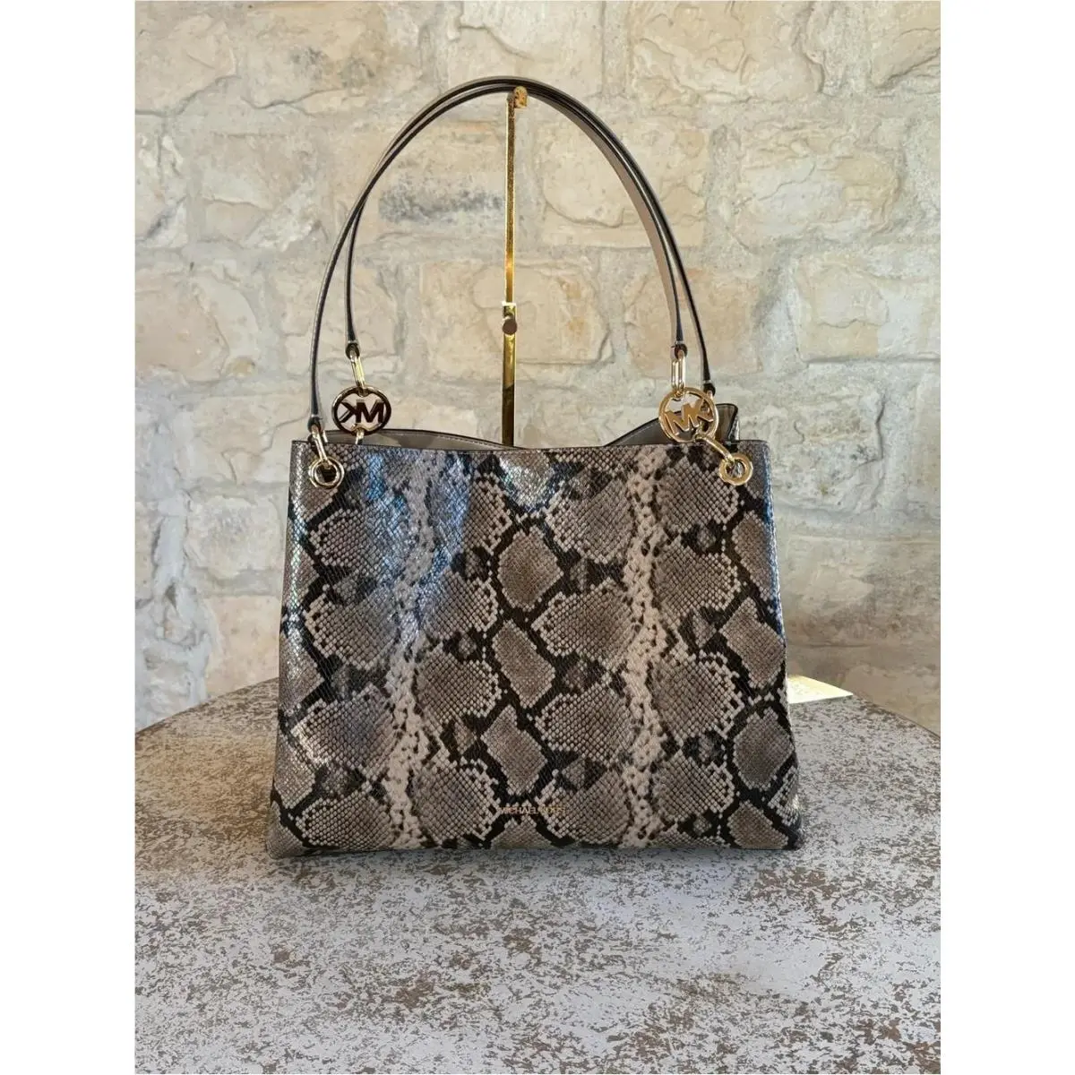 Michael Kors Christina Women Large Snake Embossed Shoulder Tote Bag Camel