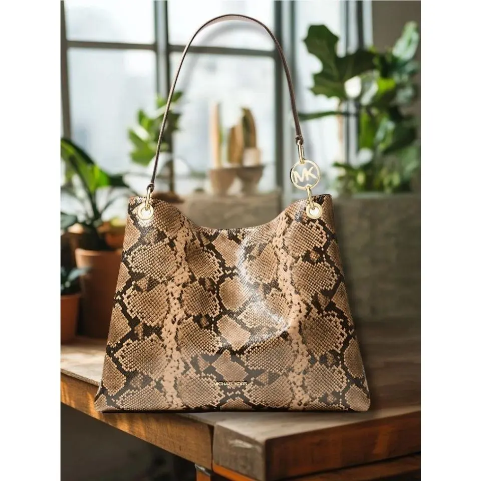Christina Women Large Snake Embossed Shoulder Tote Bag Camel by Michael Kors