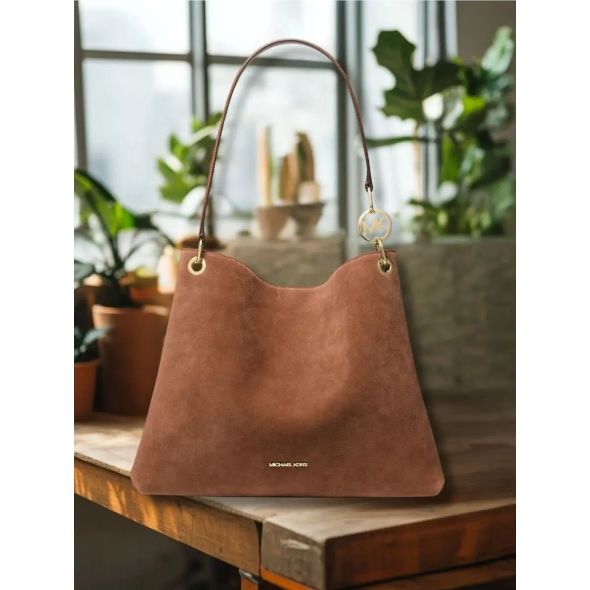 Michael Kors Christina Women Large Suede Shoulder Tote Handbag Purse Luggage