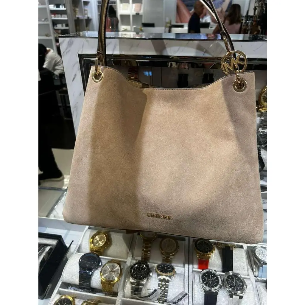 Michael Kors Christina Women Large Suede Gusseted Shoulder Tote Bag Camel