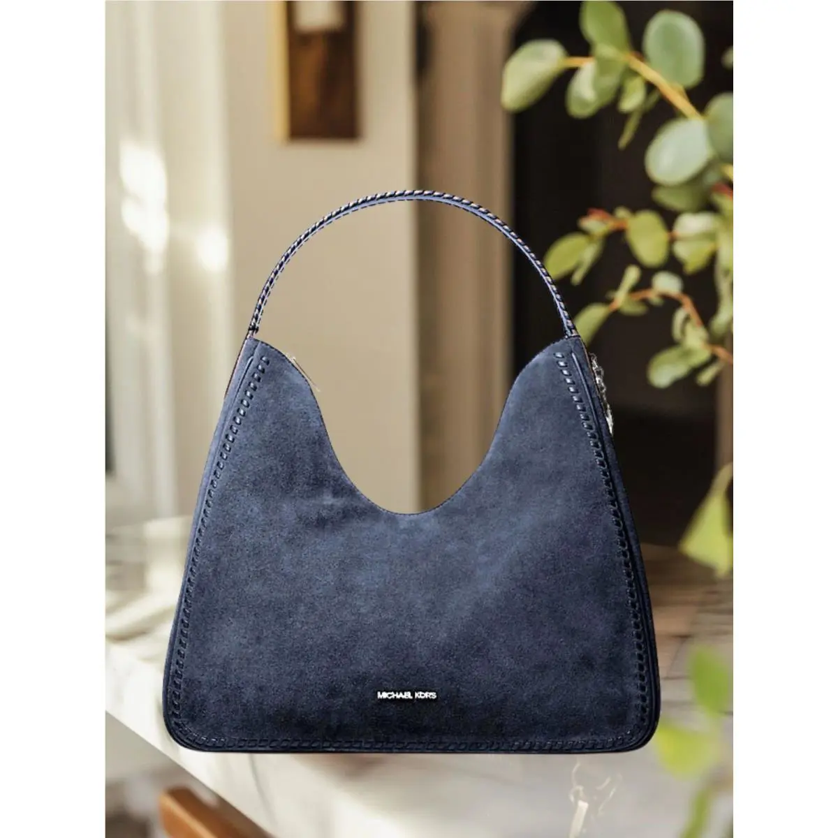 Michael Kors Nayla Women Medium Leather Suede Hobo Shoulder Handbag Purse Navy